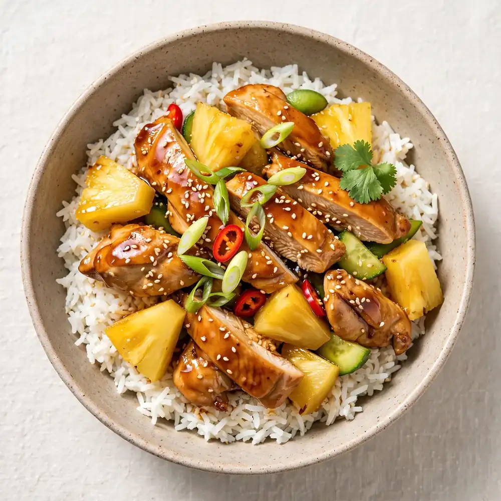 Ananas Teriyaki Hähnchen Bowl mit Kokosreis