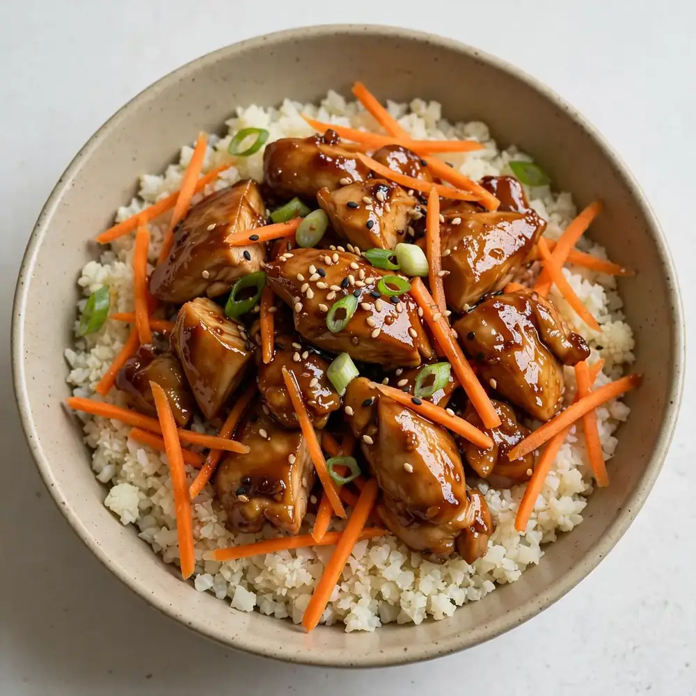Asiatische Teriyaki Hähnchen Bowl mit Blumenkohlreis und Karotten