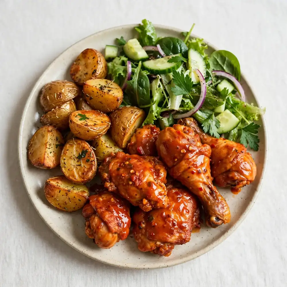 Buffalo-Style Hähnchen mit Kartoffeln und grünem Salat
