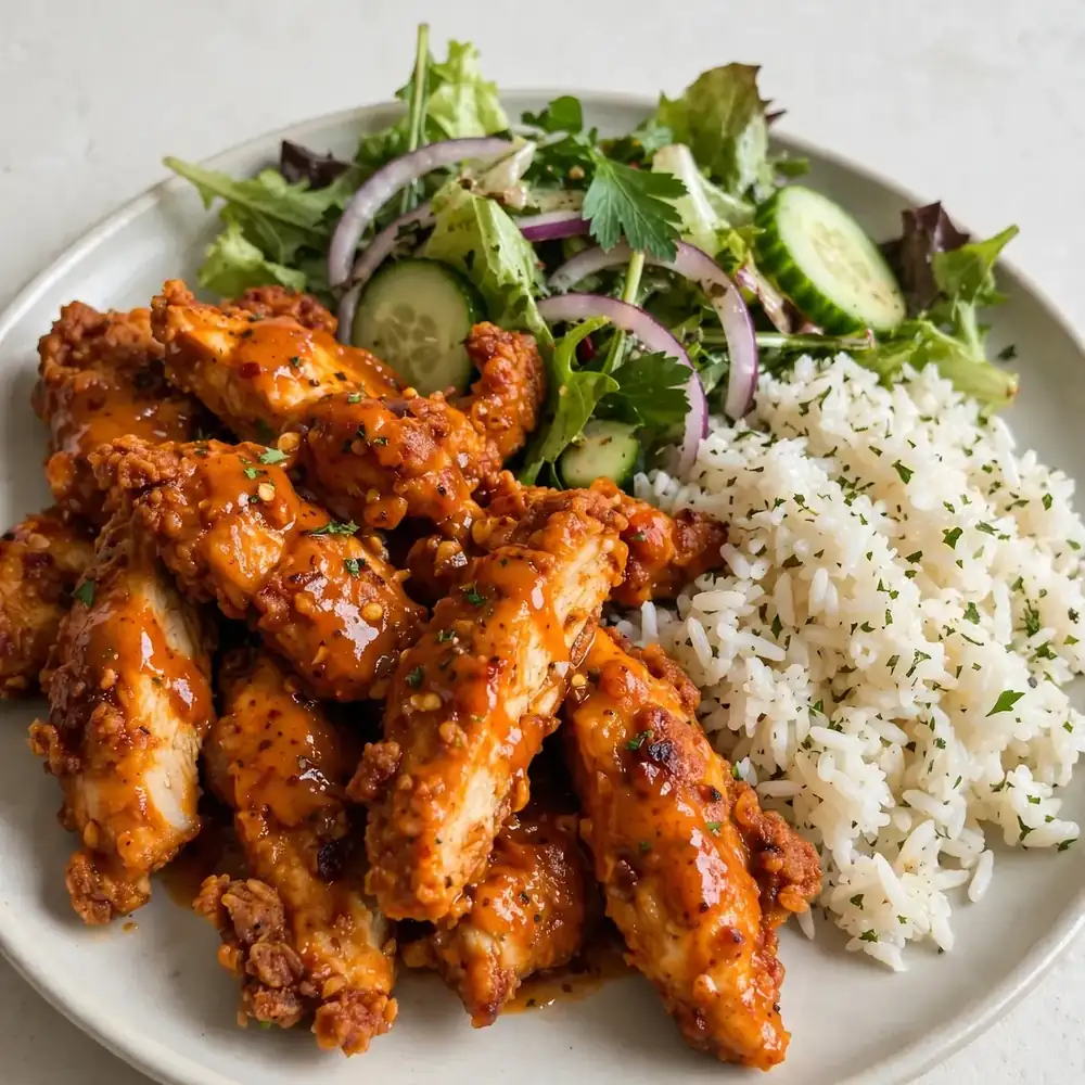 Buffalo-Style Hähnchen mit Reis und grünem Salat