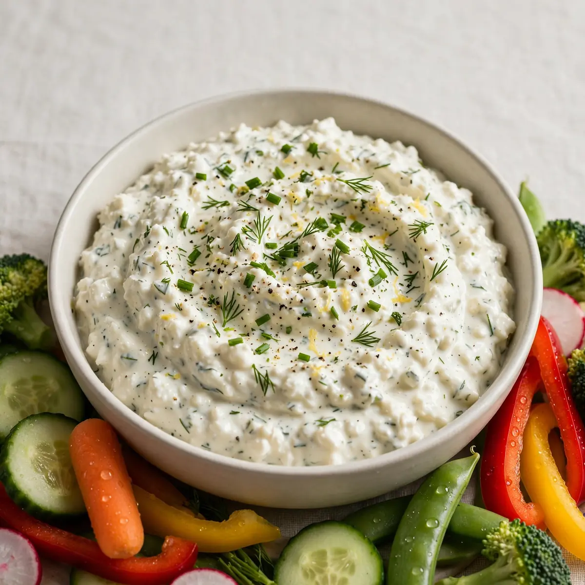Cremiger Hüttenkäse Ranch Dip mit Gemüse
