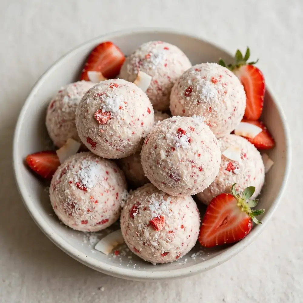 Erdbeeren-Bällchen mit Kokos-Protein-Pulver