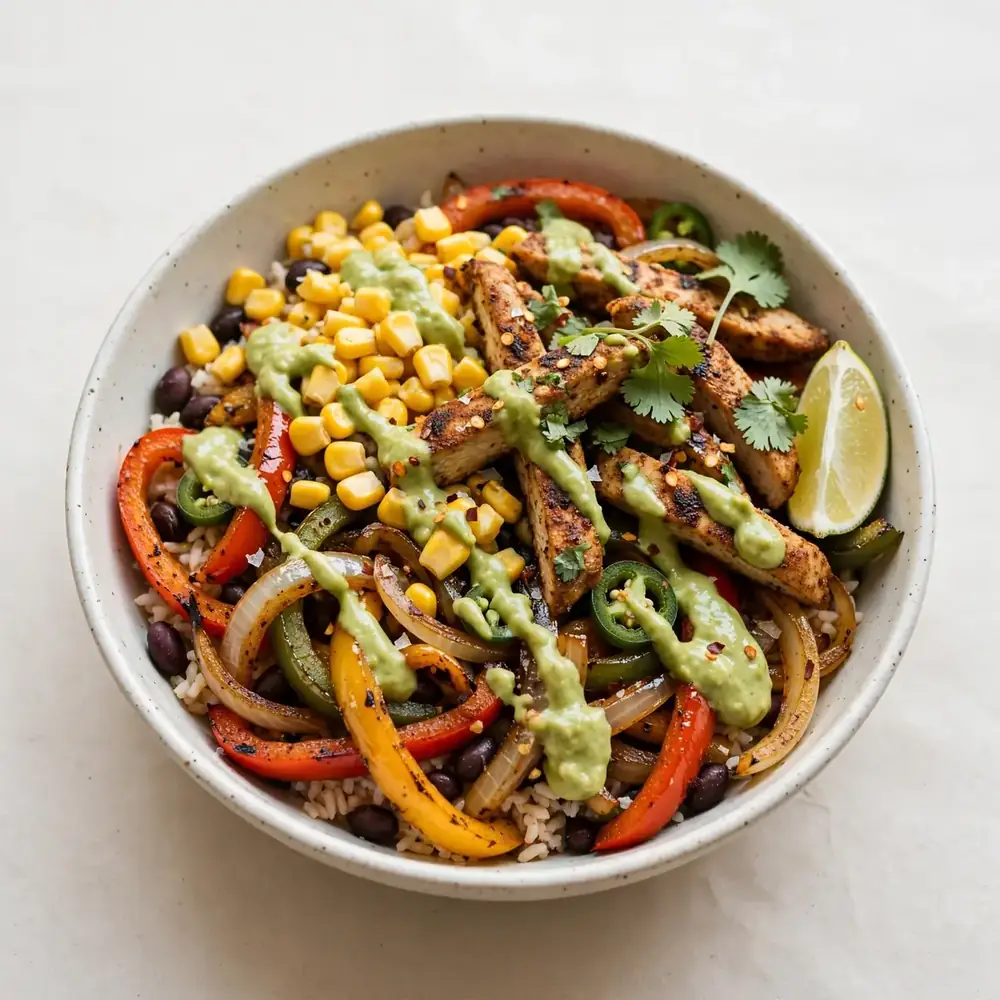 Fajita-Bowl mit Avocado-Crema und Mais