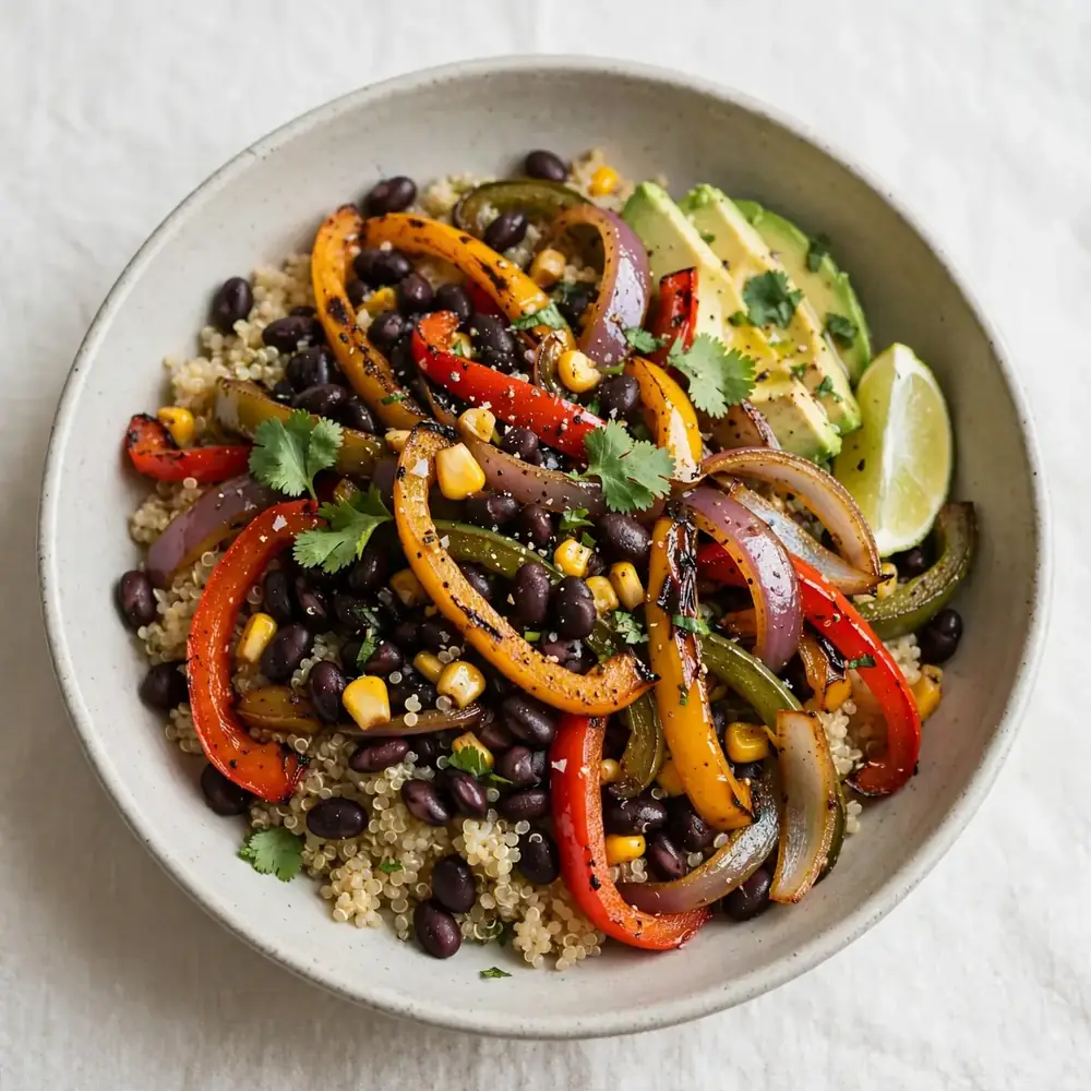 Fajita-Bowl mit Quinoa und schwarzen Bohnen
