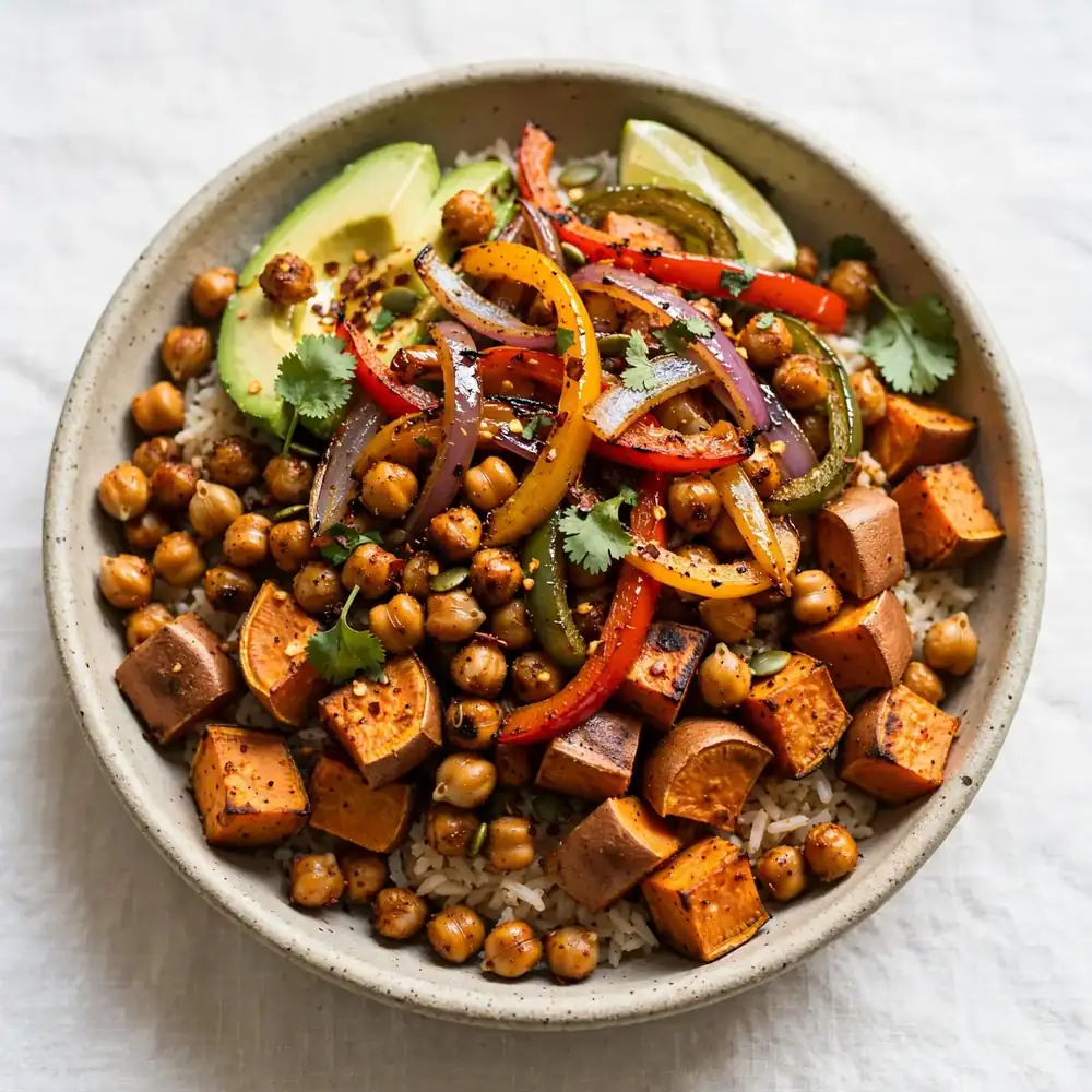 Fajita-Bowl mit Süßkartoffel und Kichererbsen