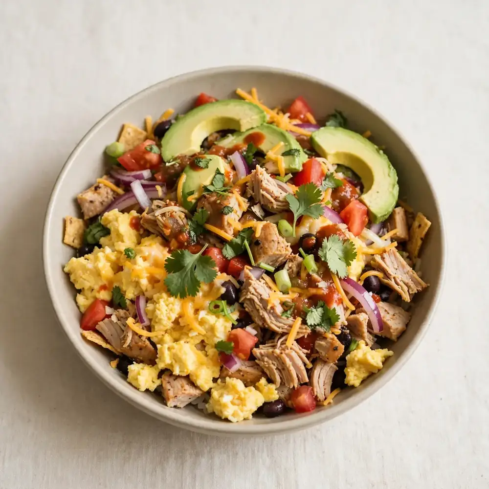 Frühstücks-Taco-Bowl mit Truthahn und Rührei