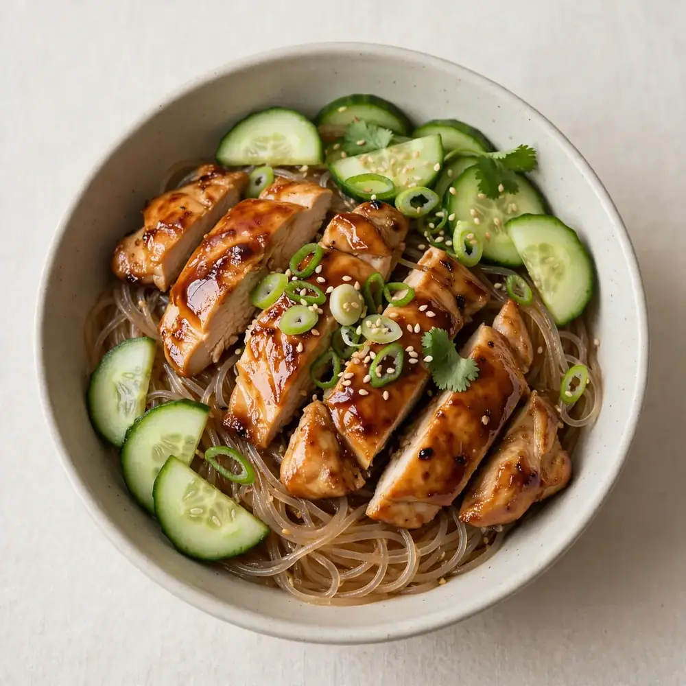 Frische Teriyaki Hähnchen Bowl mit Glasnudeln und Gurke