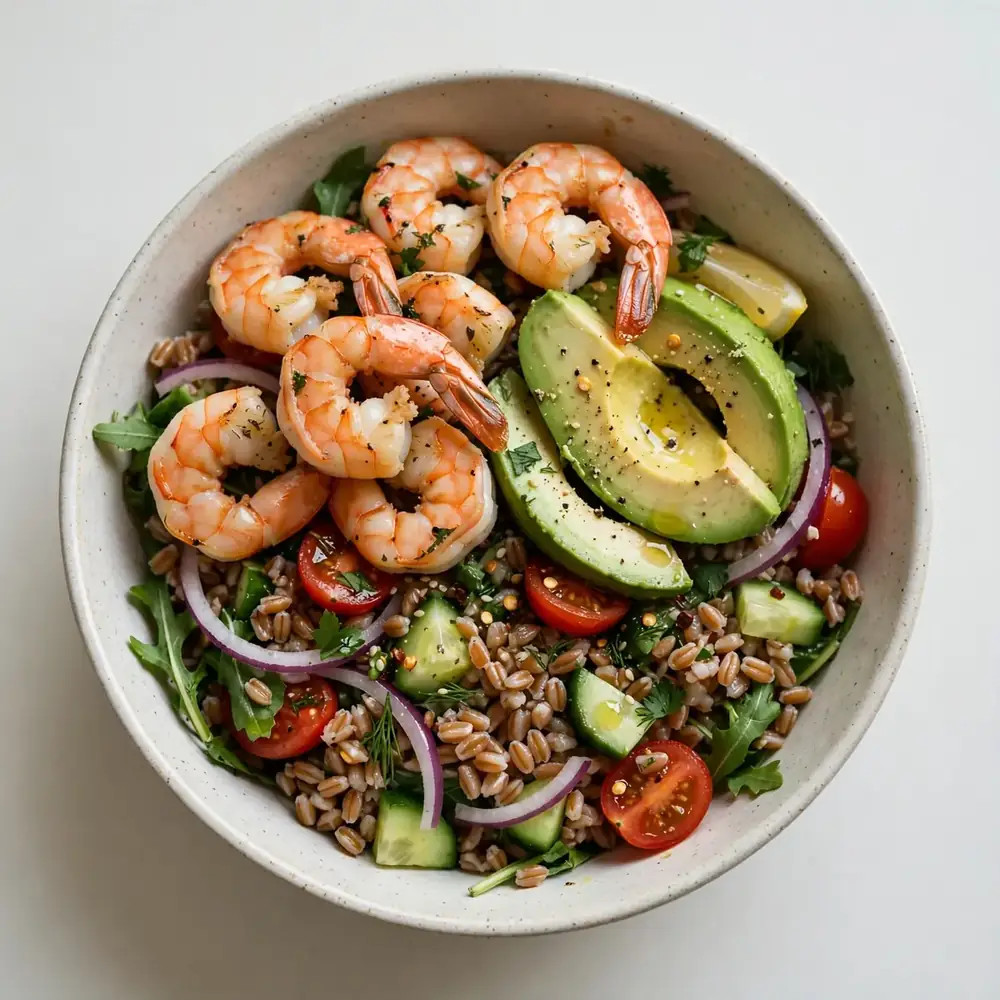 Garnelen-Farro-Meal-Prep-Bowls mit Avocado