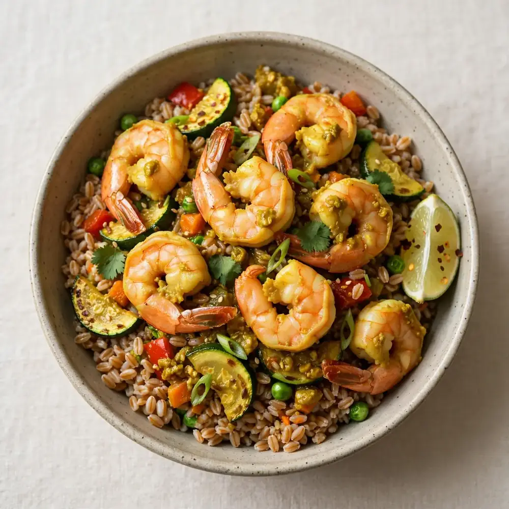 Garnelen-Farro-Meal-Prep-Bowls mit Curry-Paste