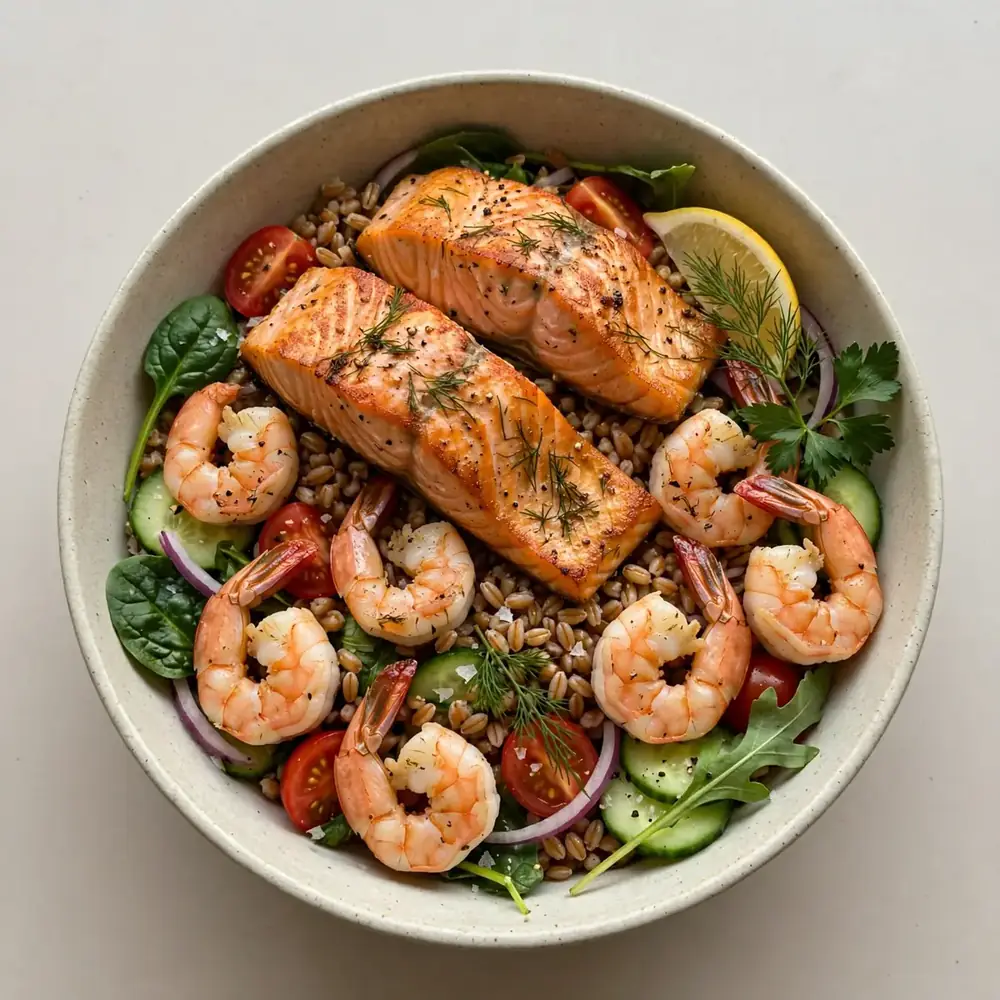 Garnelen-Farro-Meal-Prep-Bowls mit Lachsfilets