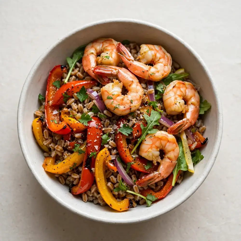 Garnelen-Farro-Meal-Prep-Bowls mit Paprika