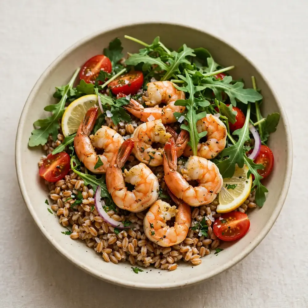 Garnelen-Farro-Meal-Prep-Bowls mit Rucola