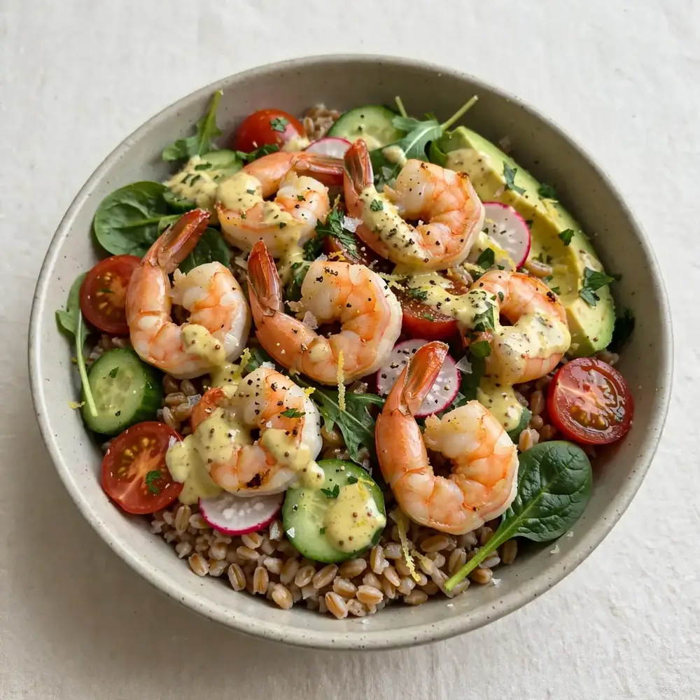 Garnelen-Farro-Meal-Prep-Bowls mit Zitronen-Senf-Dressing