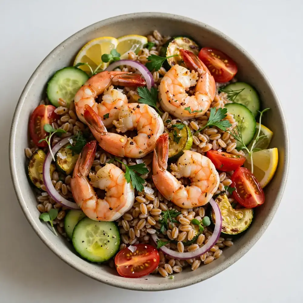 Garnelen-Farro-Meal-Prep-Bowls mit Zutaten