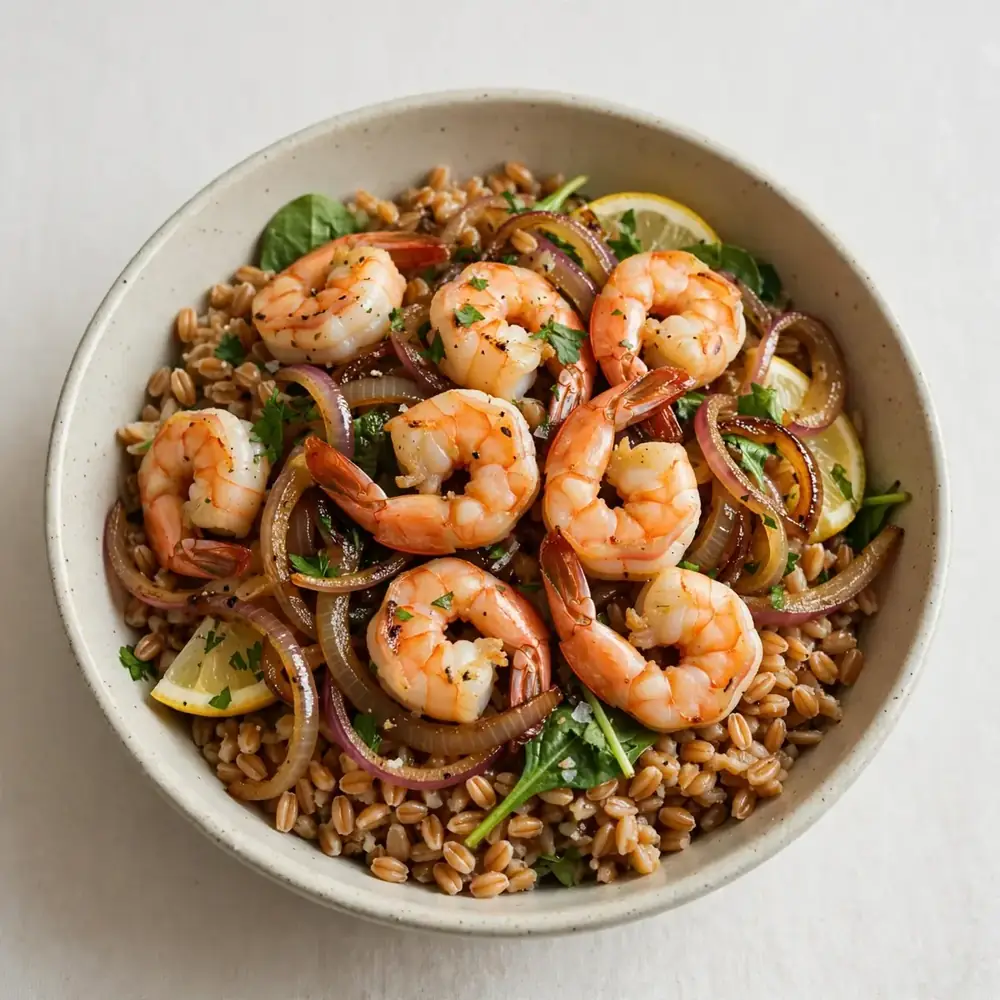 Garnelen-Farro-Meal-Prep-Bowls mit Zwiebeln