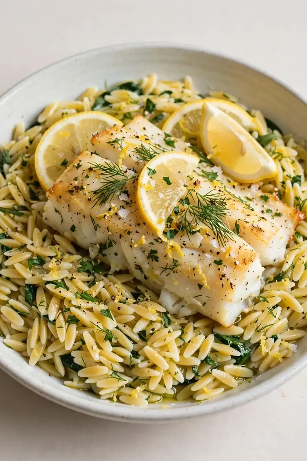 High-Protein Baked Cod with Lemon Orzo
