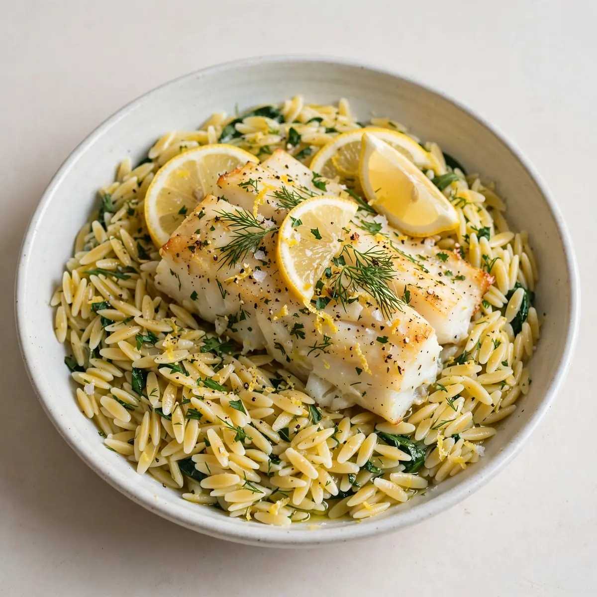 Gebackener Kabeljau mit Zitronen-Orzo – proteinreicher Genuss