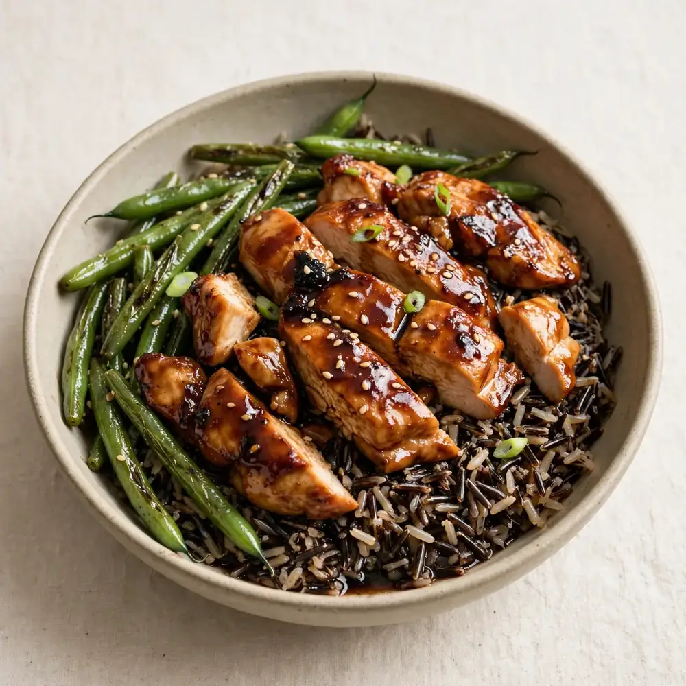 Grünes Bohnen Teriyaki Hähnchen mit Wildreis
