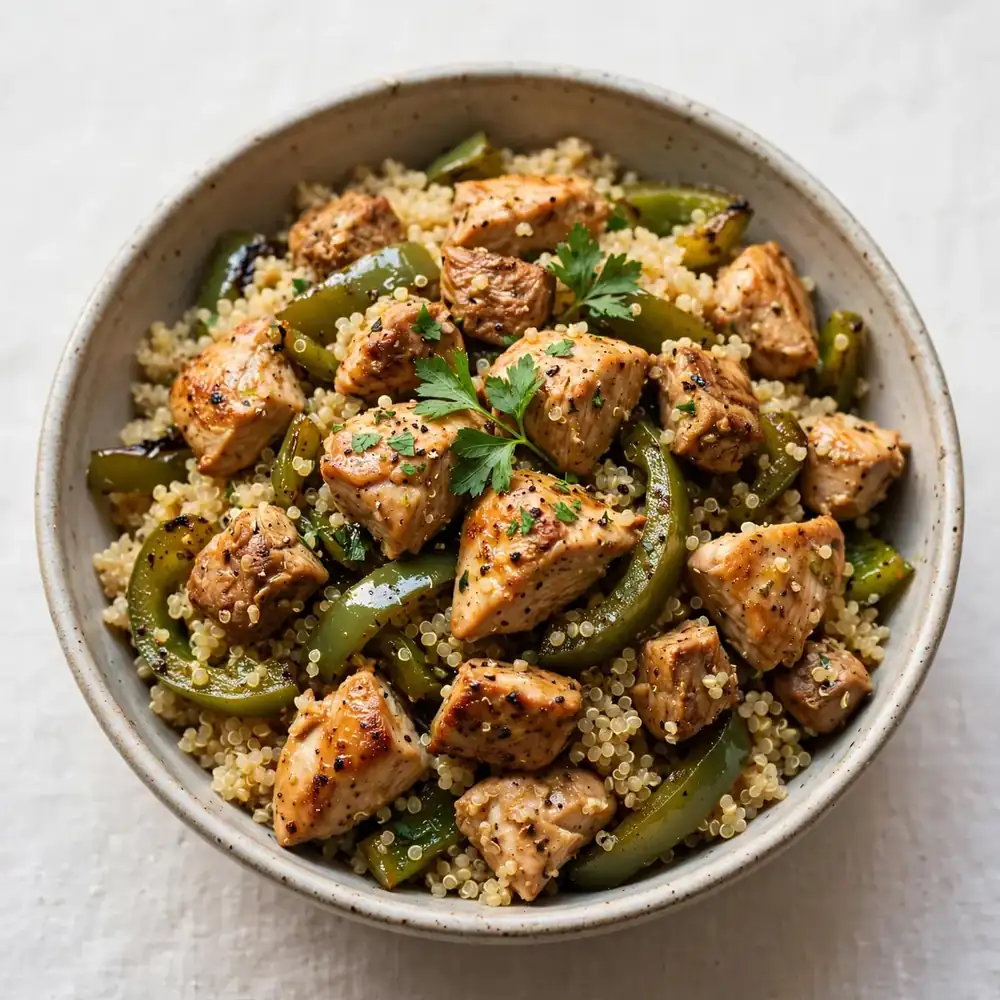 Hähnchenfleisch mit grünem Paprika und Quinoa