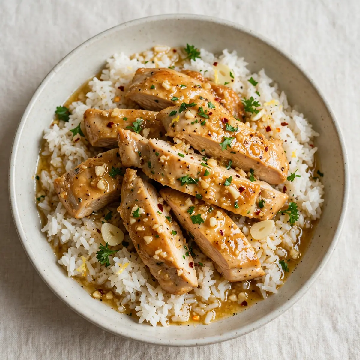 High Protein Knoblauch-Butter Chicken & Reis Bowl