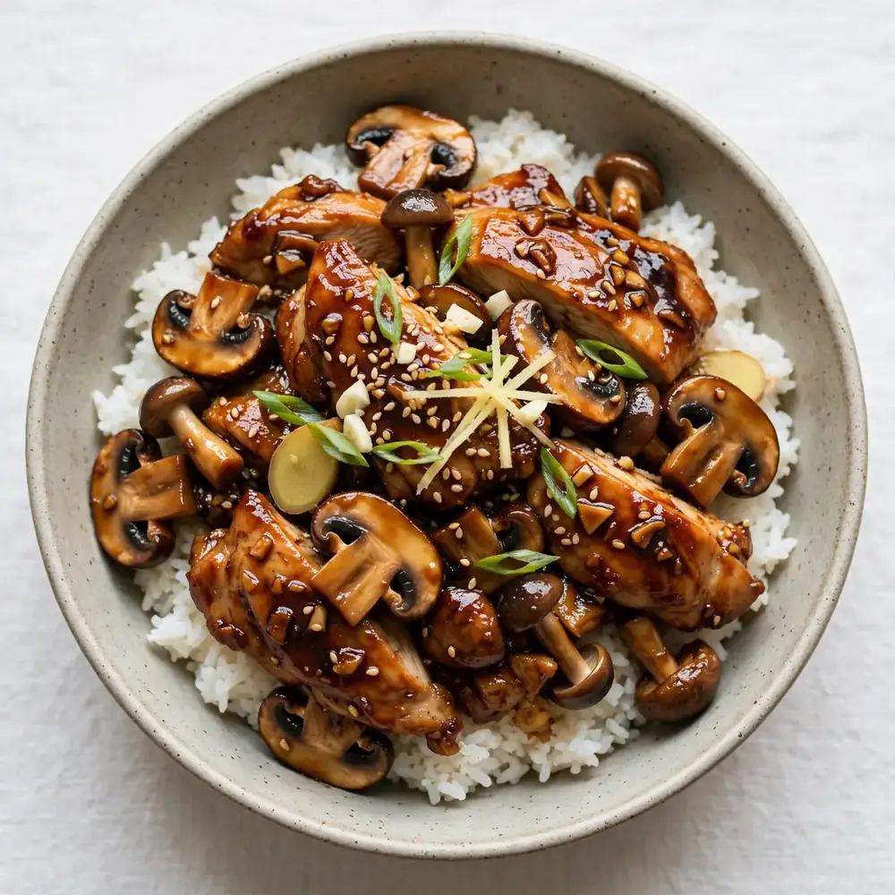 Ingwer-Knoblauch Teriyaki Hähnchen mit Pilzen und Reis