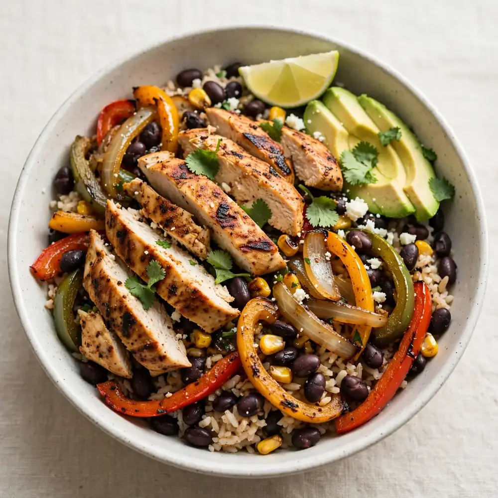 Klassische Hähnchen-Fajita-Bowl mit schwarzen Bohnen