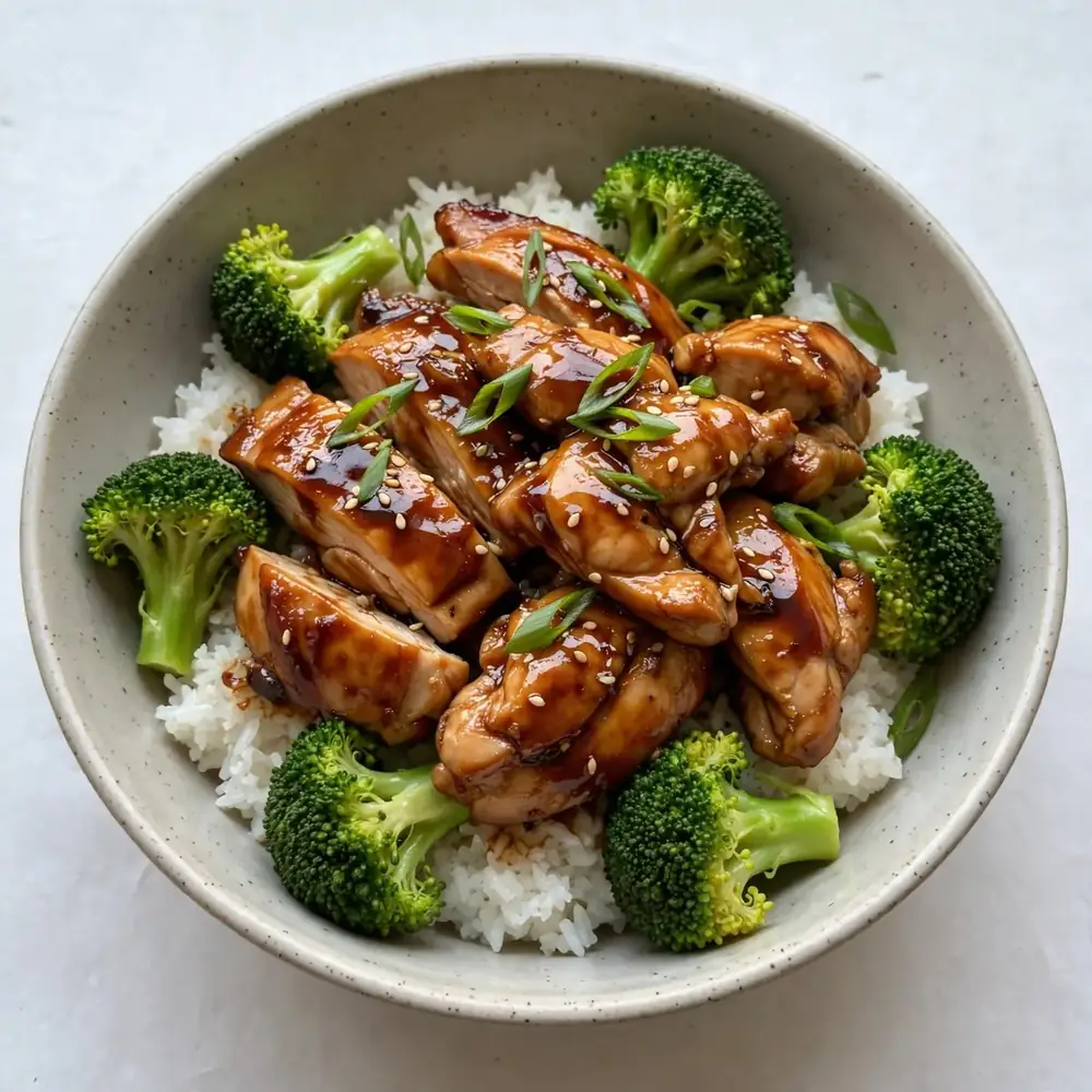 Klassische Teriyaki Hähnchen Bowl mit Reis und Brokkoli