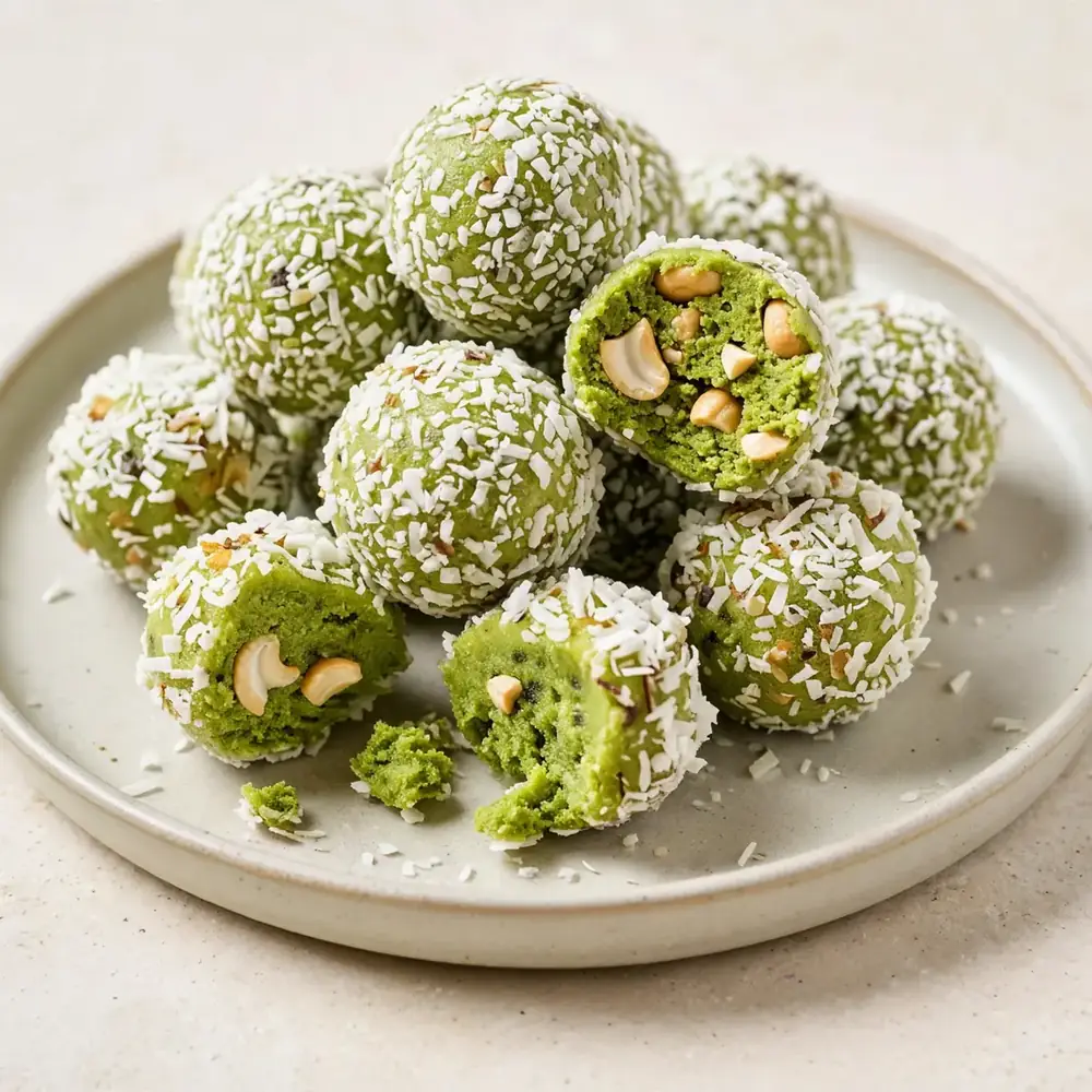 Matcha-Kokos-Bällchen mit Cashewkernen