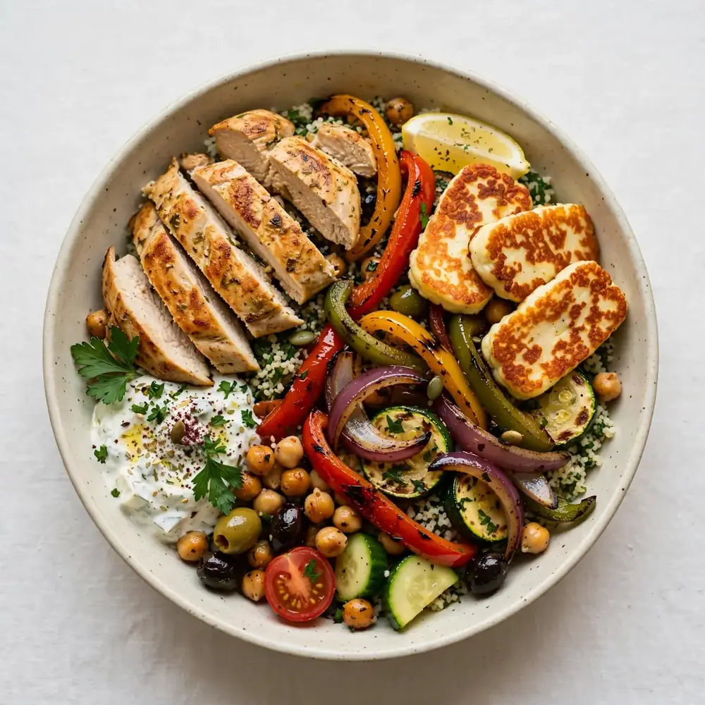 Mediterrane Fajita-Bowl mit Halloumi und Hähnchen