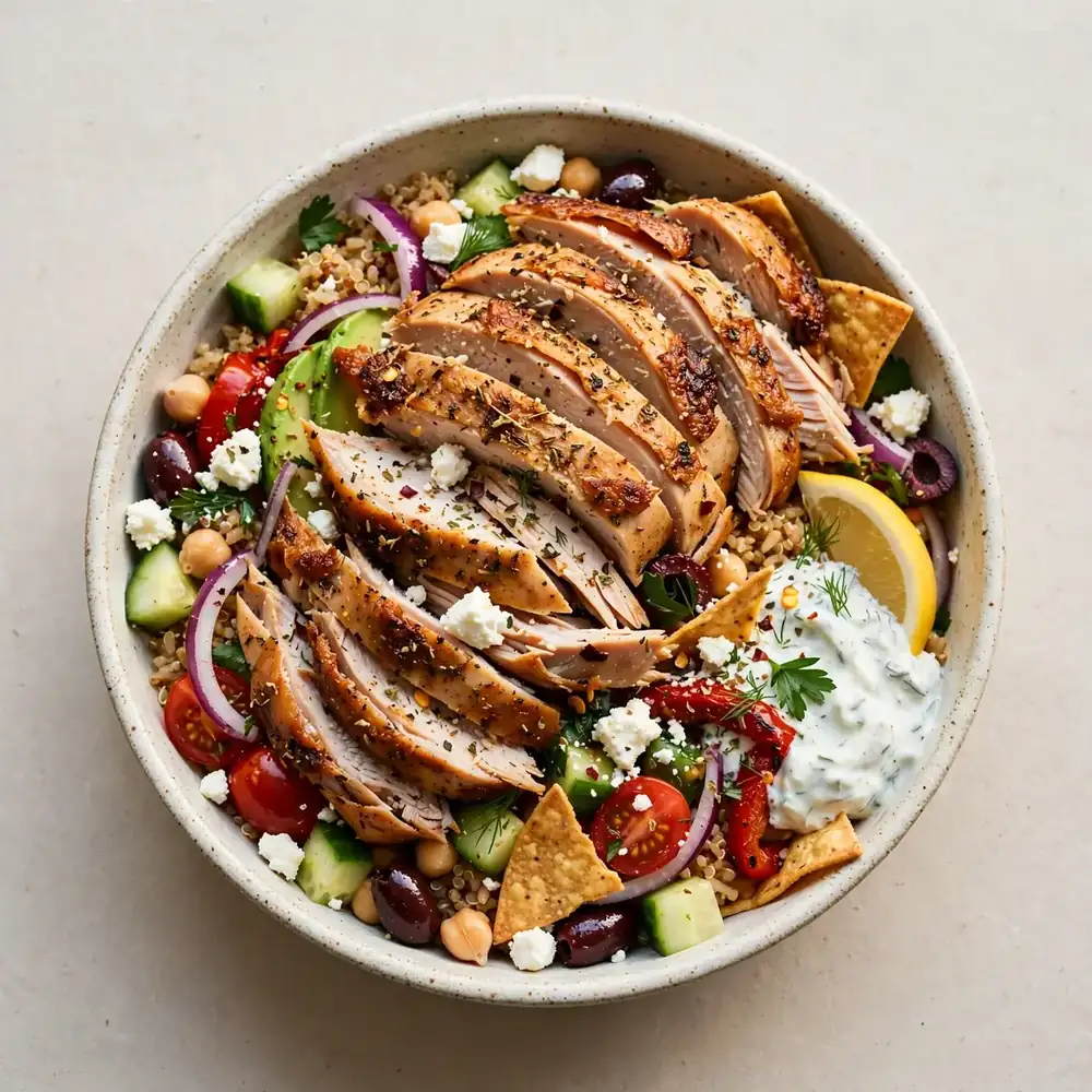 Mediterrane Truthahn-Taco-Bowl mit Feta