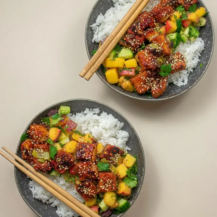 Pfirsich-Tofu-Gemüse-Bowl mit Chili-Sesam