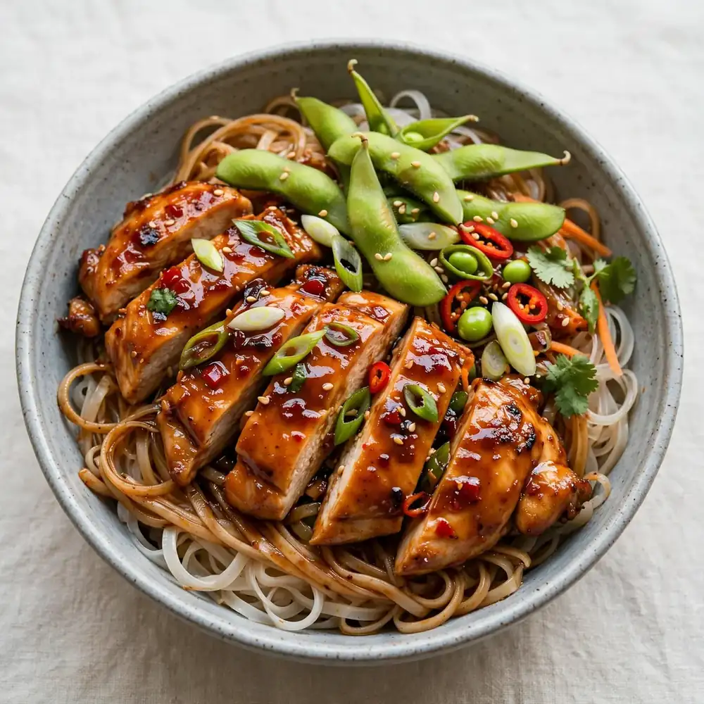 Pikante Teriyaki Hähnchen Bowl mit Edamame und Reisnudeln