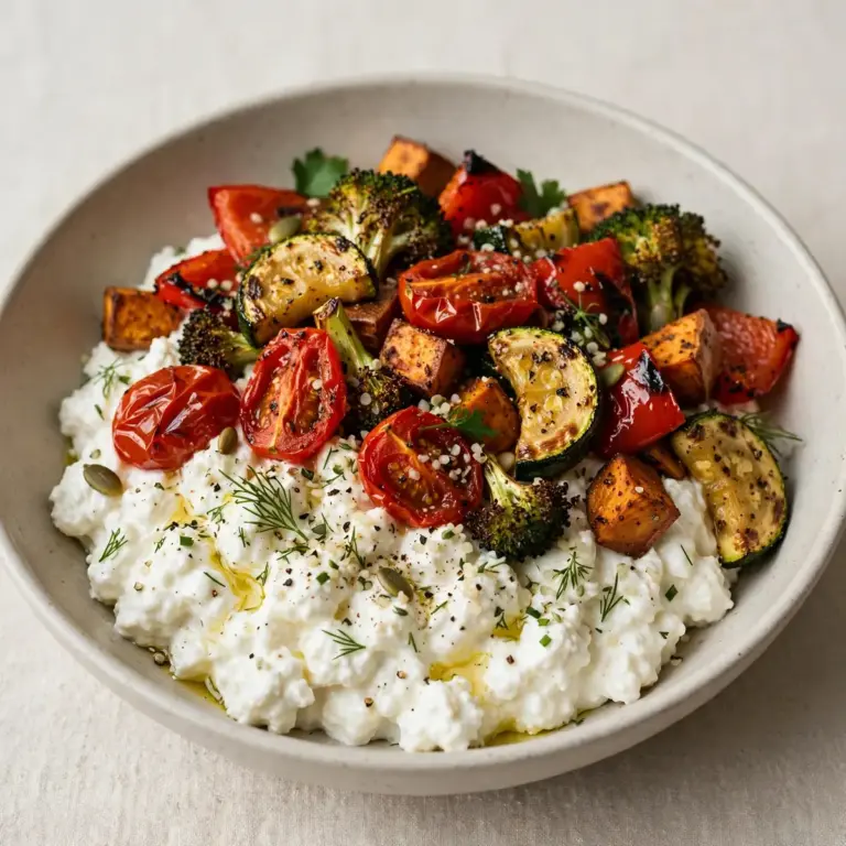 Proteinreiche Hüttenkäse-Bowl mit Ofengemüse