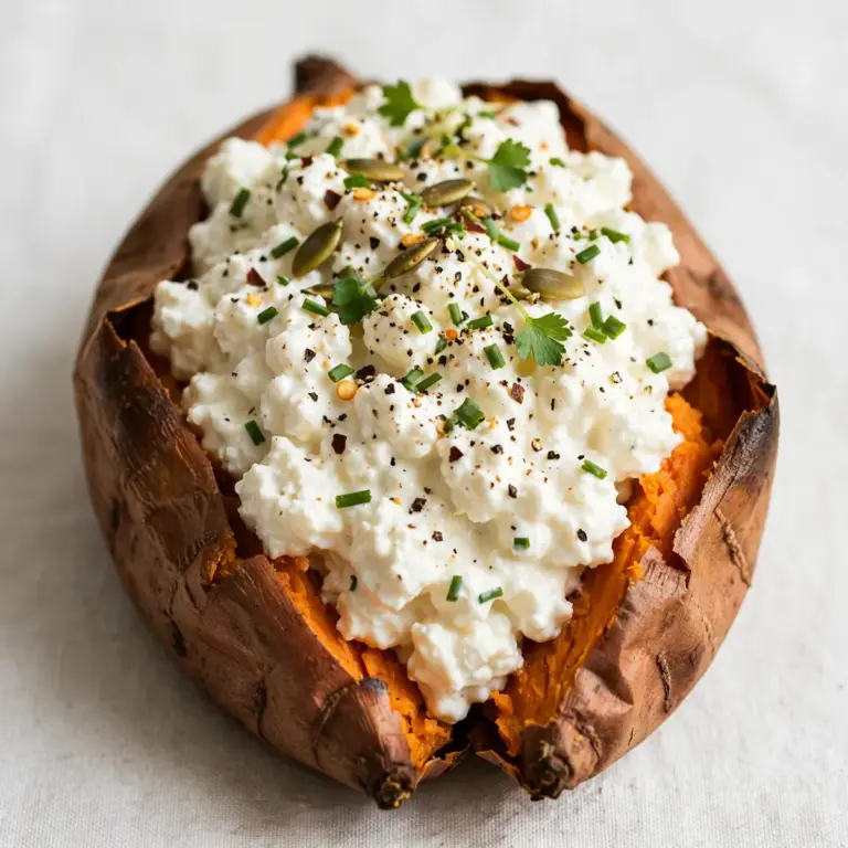 Proteinreicher Süßkartoffelauflauf mit Cottage Cheese
