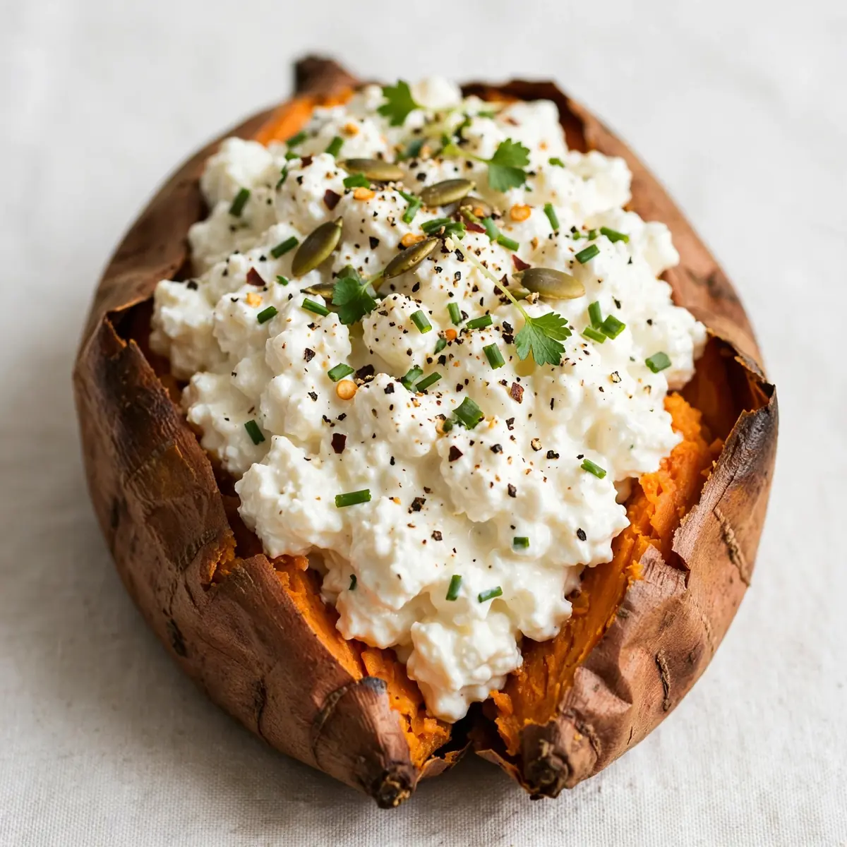 Proteinreicher Süßkartoffelauflauf mit Cottage Cheese