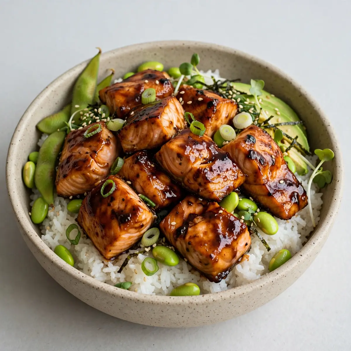 Proteinreicher Teriyaki-Lachs-Reisbowl