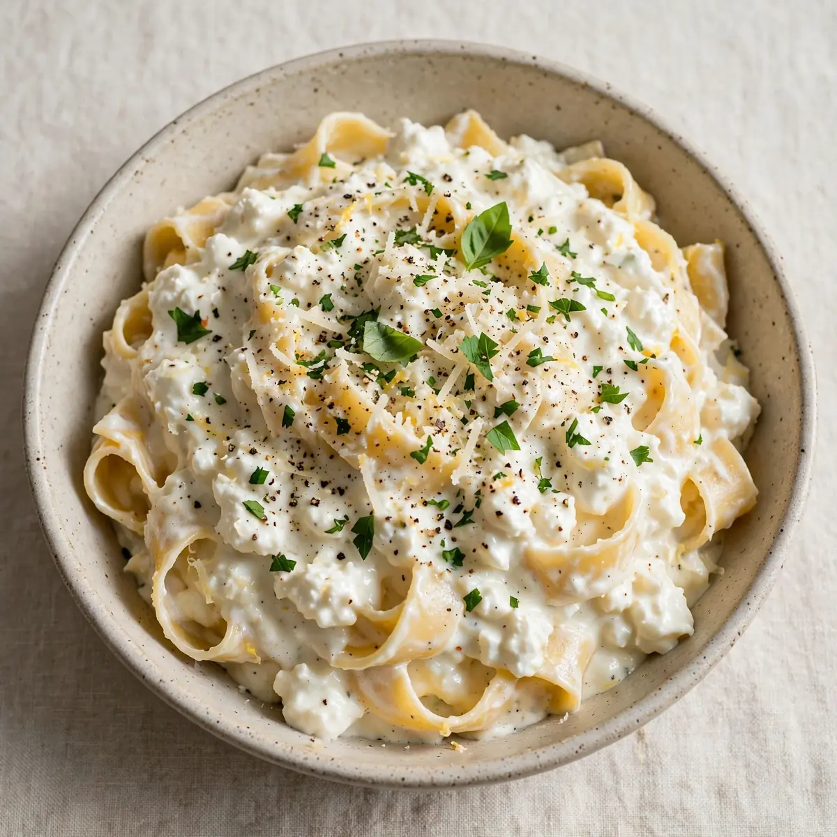 Proteinreiches Cottage-Cheese-Alfredo mit Pasta