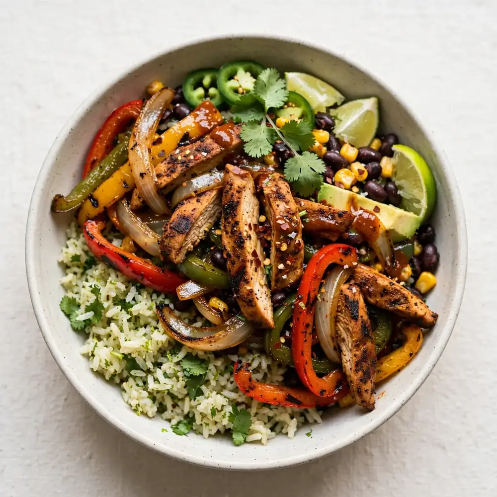Scharfe Chipotle-Fajita-Bowl mit Koriander-Limetten-Reis