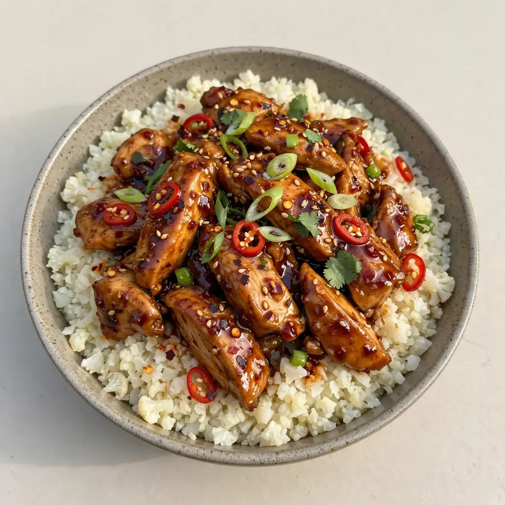 Scharfe Teriyaki Hähnchen Bowl mit Blumenkohlreis