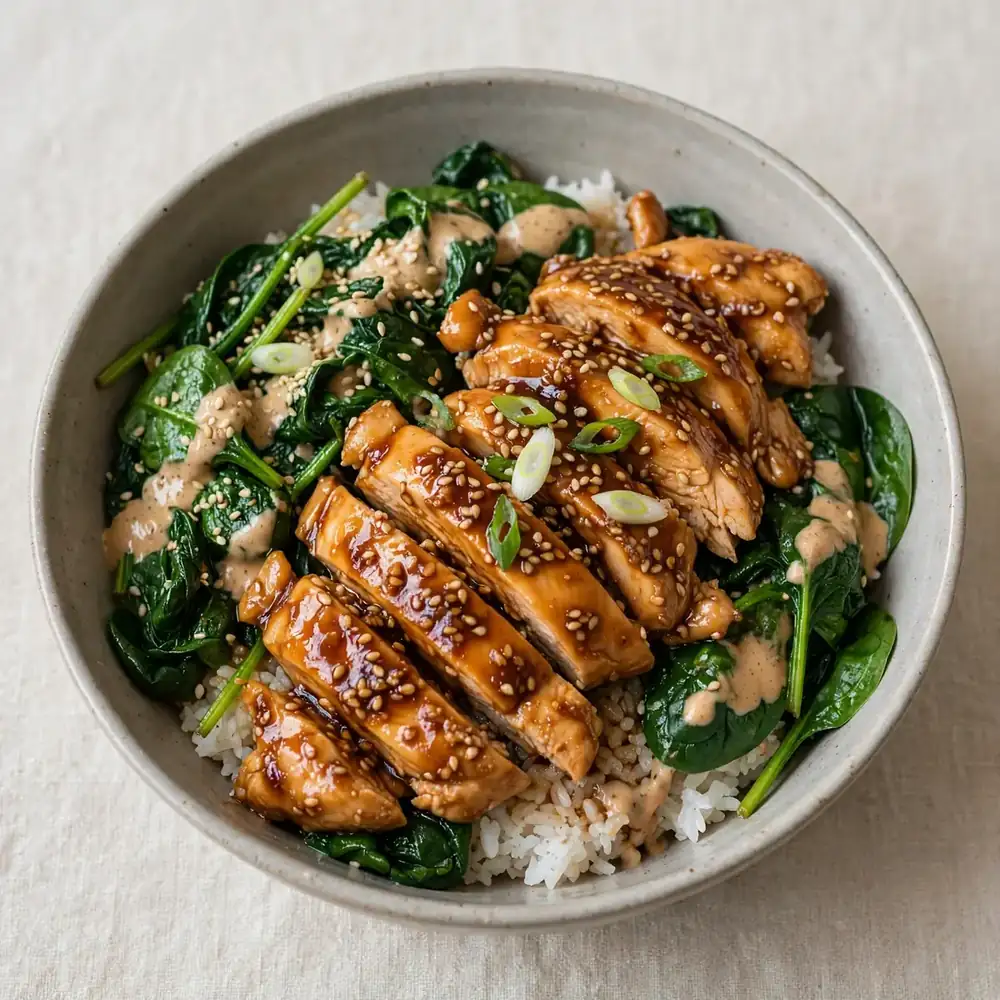 Sesampaste Teriyaki Hähnchen Bowl mit Spinat