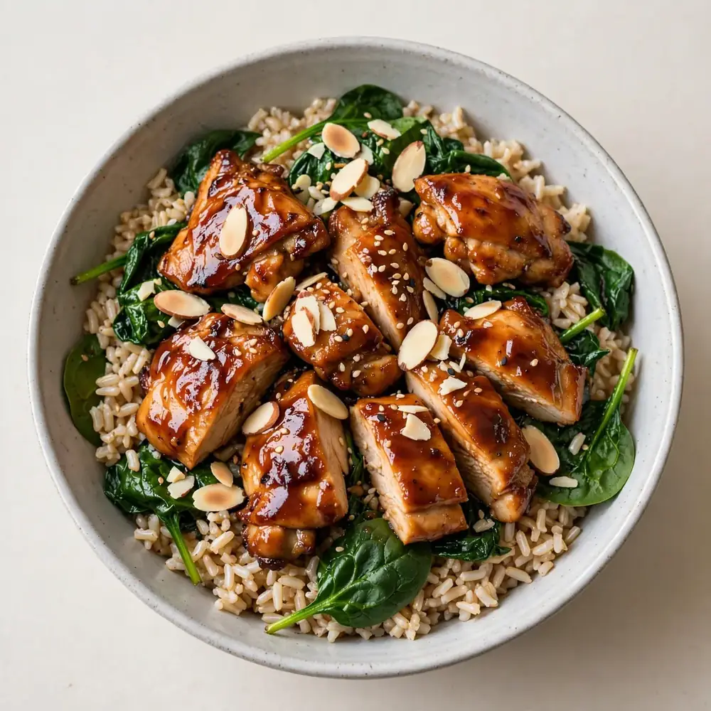 Teriyaki Hähnchen Bowl mit braunem Reis, Spinat und Mandelsplittern