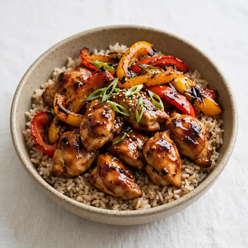 Teriyaki Hähnchen Bowl mit Brauner Reis und gerösteten Paprika