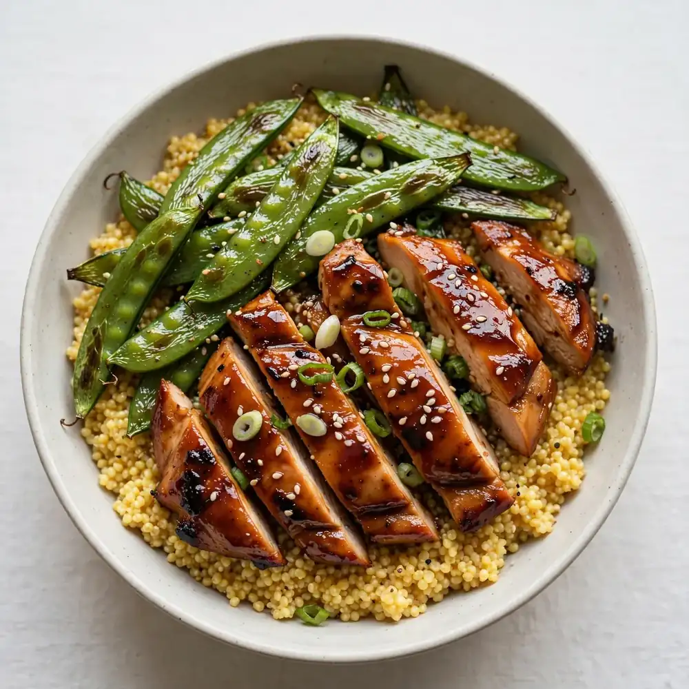 Teriyaki Hähnchen Bowl mit Hirse und gerösteten Zuckerschoten