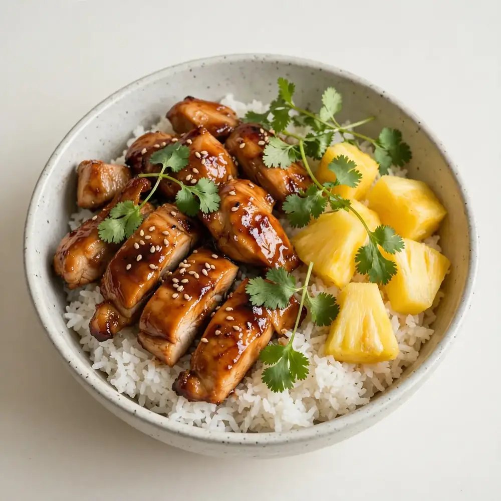 Teriyaki Hähnchen Bowl mit Reis, Ananas und Koriander