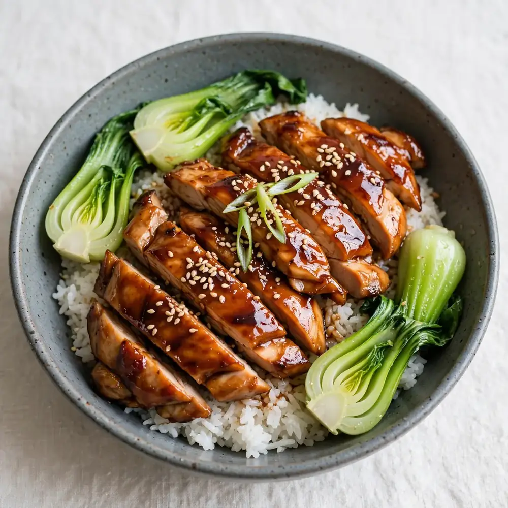 Teriyaki Hähnchen Bowl mit Reis, Bok Choy und Sesamsamen