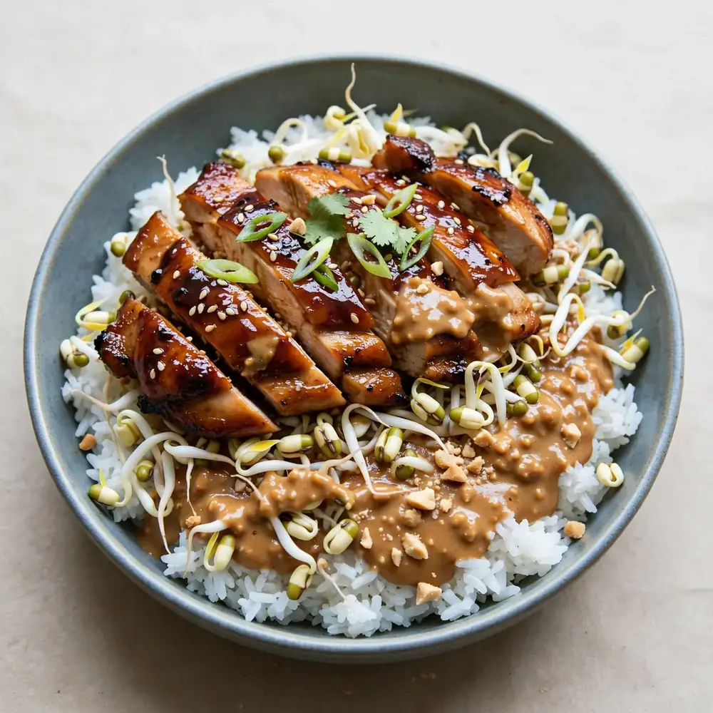 Teriyaki Hähnchen Bowl mit Reis, Mungobohnensprossen und Erdnusssauce