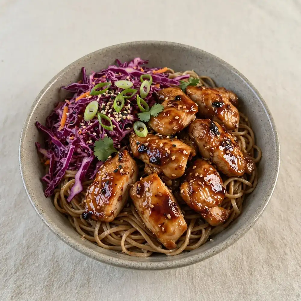 Teriyaki Hähnchen Bowl mit Vollkornnudeln und Rotkohl