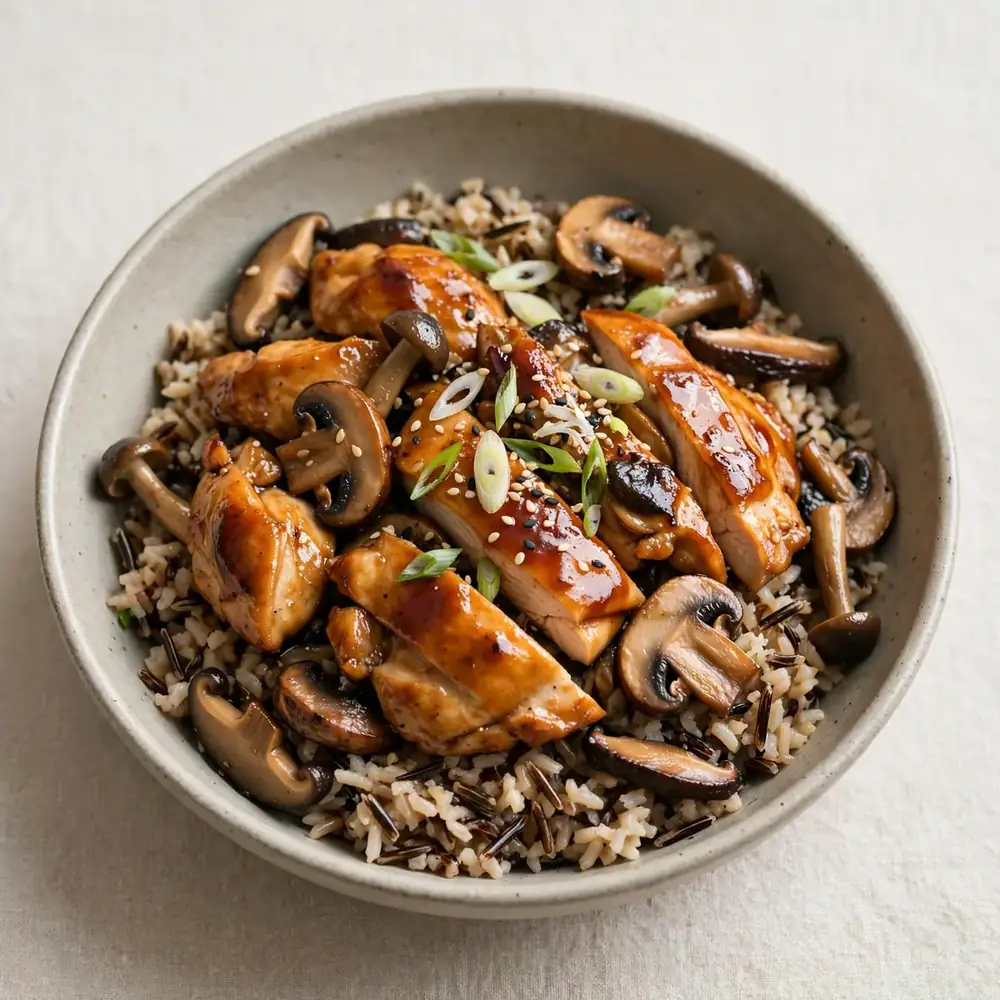 Teriyaki Hähnchen Bowl mit Wildreis und Pilzen