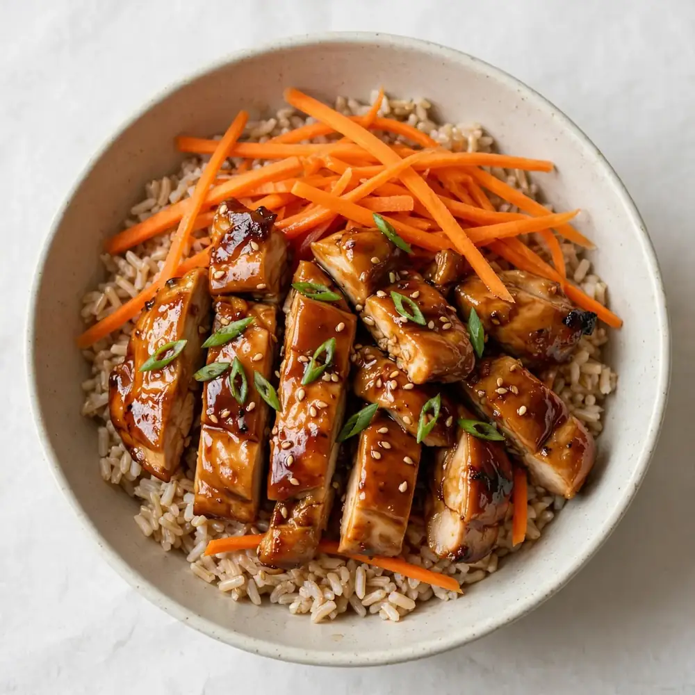 Teriyaki Hähnchen mit braunem Reis und Karottenstreifen