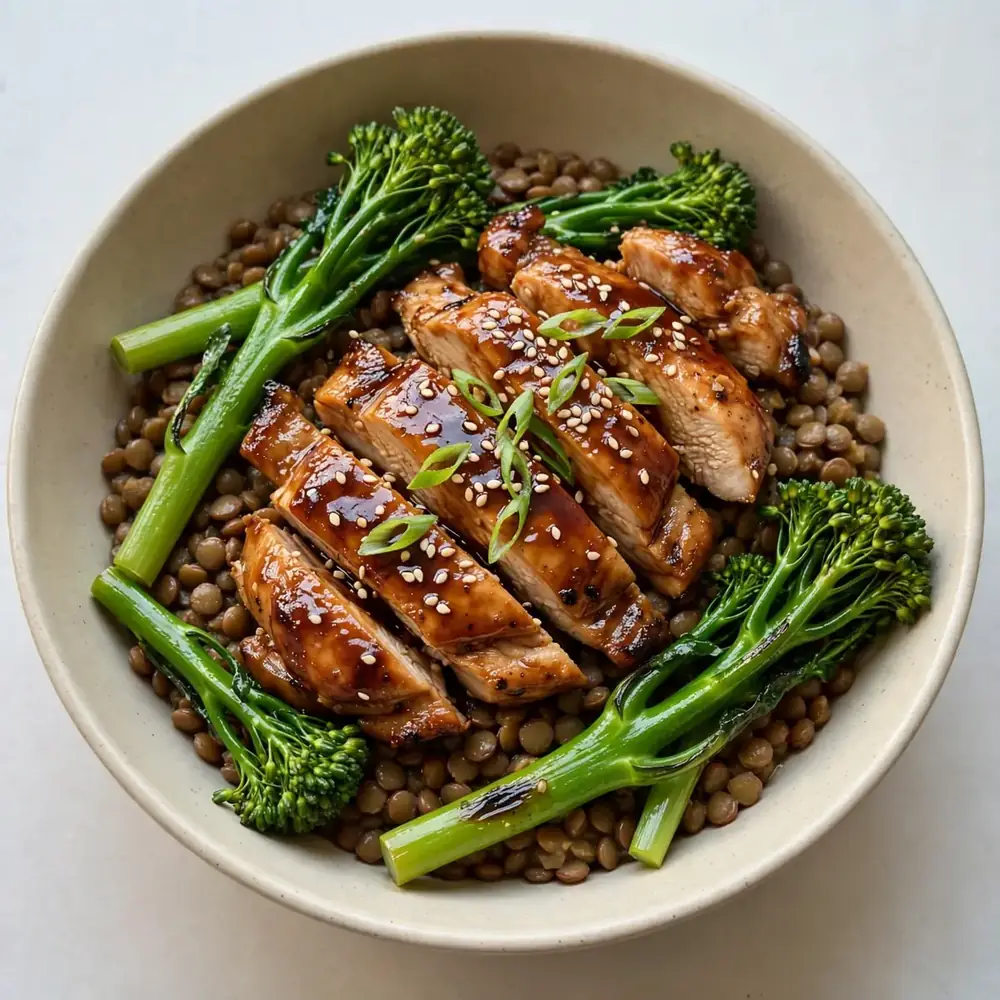 Teriyaki Hähnchen mit Brokkolini und braunen Linsen